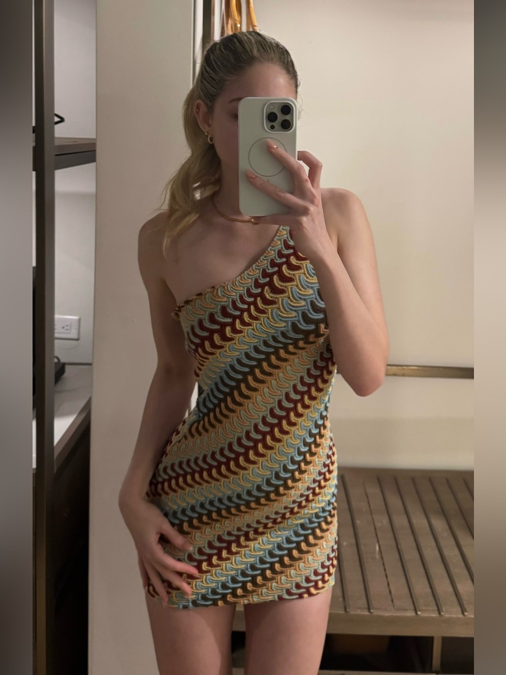 White Fox Boutique One-Shoulder Knit Dress in Multicolor Wave - Picture 4 of 4